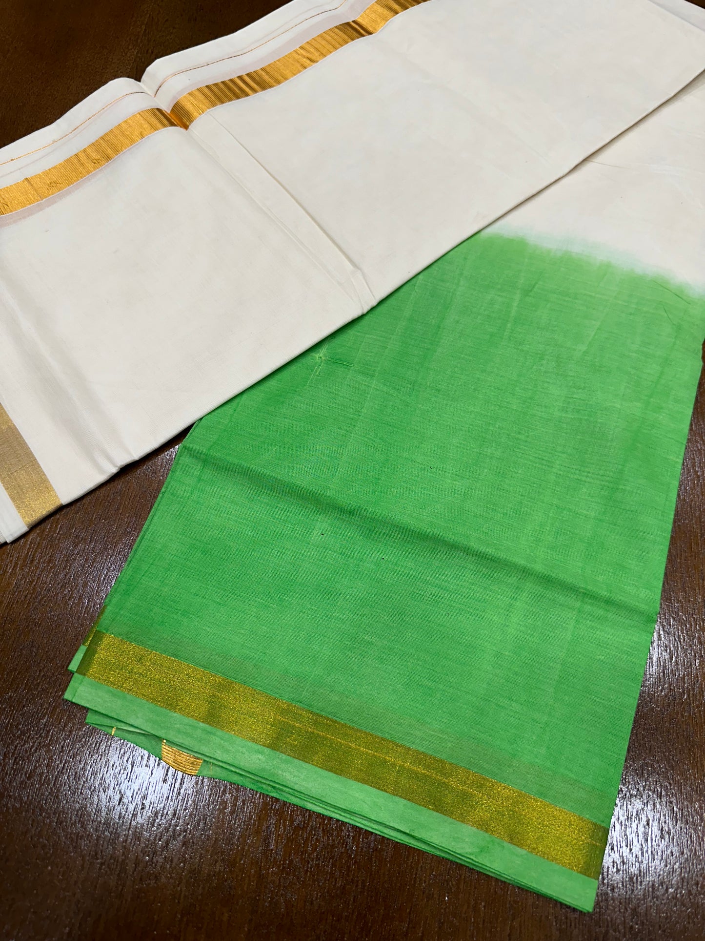 Southloom Tie & Dye - Half & Half Multi Colour Light Green Design Cotton Kerala Double Mundu with Kasavu Border (South Indian Kerala Dhoti)