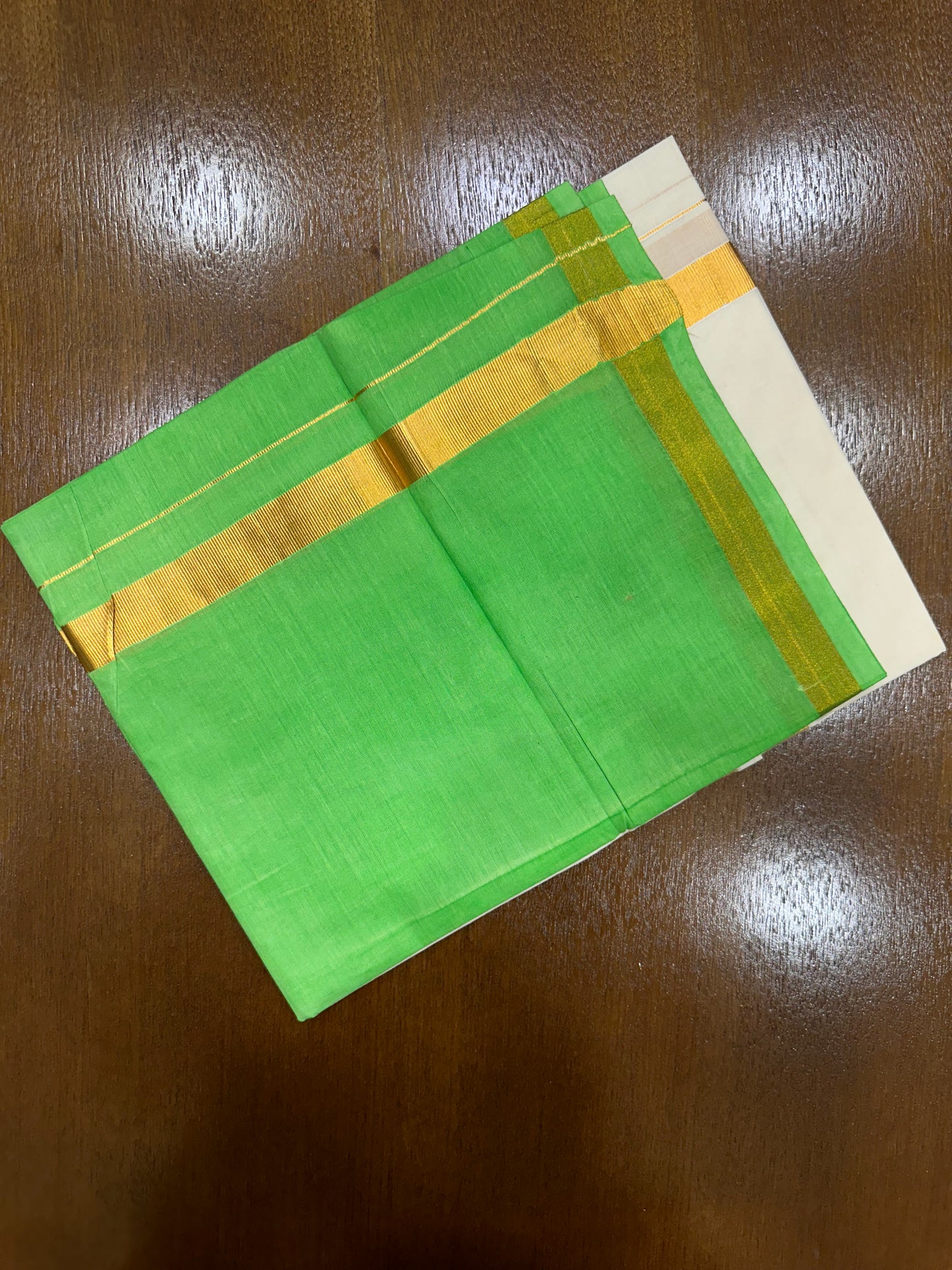 Southloom Tie & Dye - Half & Half Multi Colour Light Green Design Cotton Kerala Double Mundu with Kasavu Border (South Indian Kerala Dhoti)
