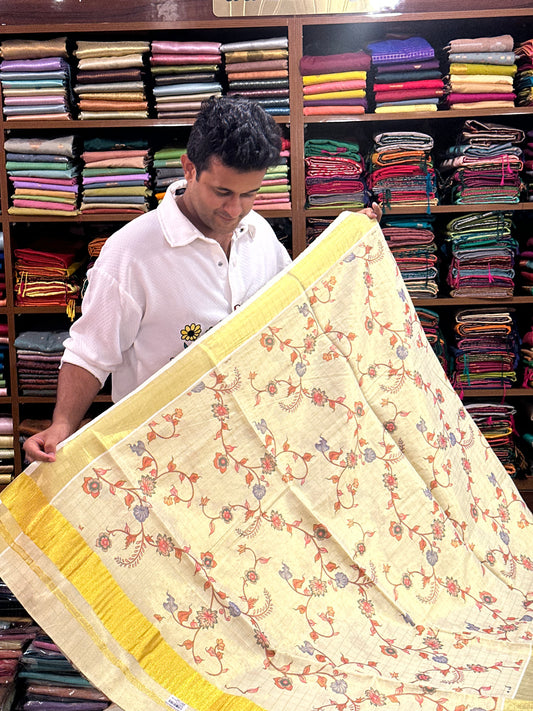 Southloom Tissue Lines Kalamkari Print Kerala Onam Kasavu Saree