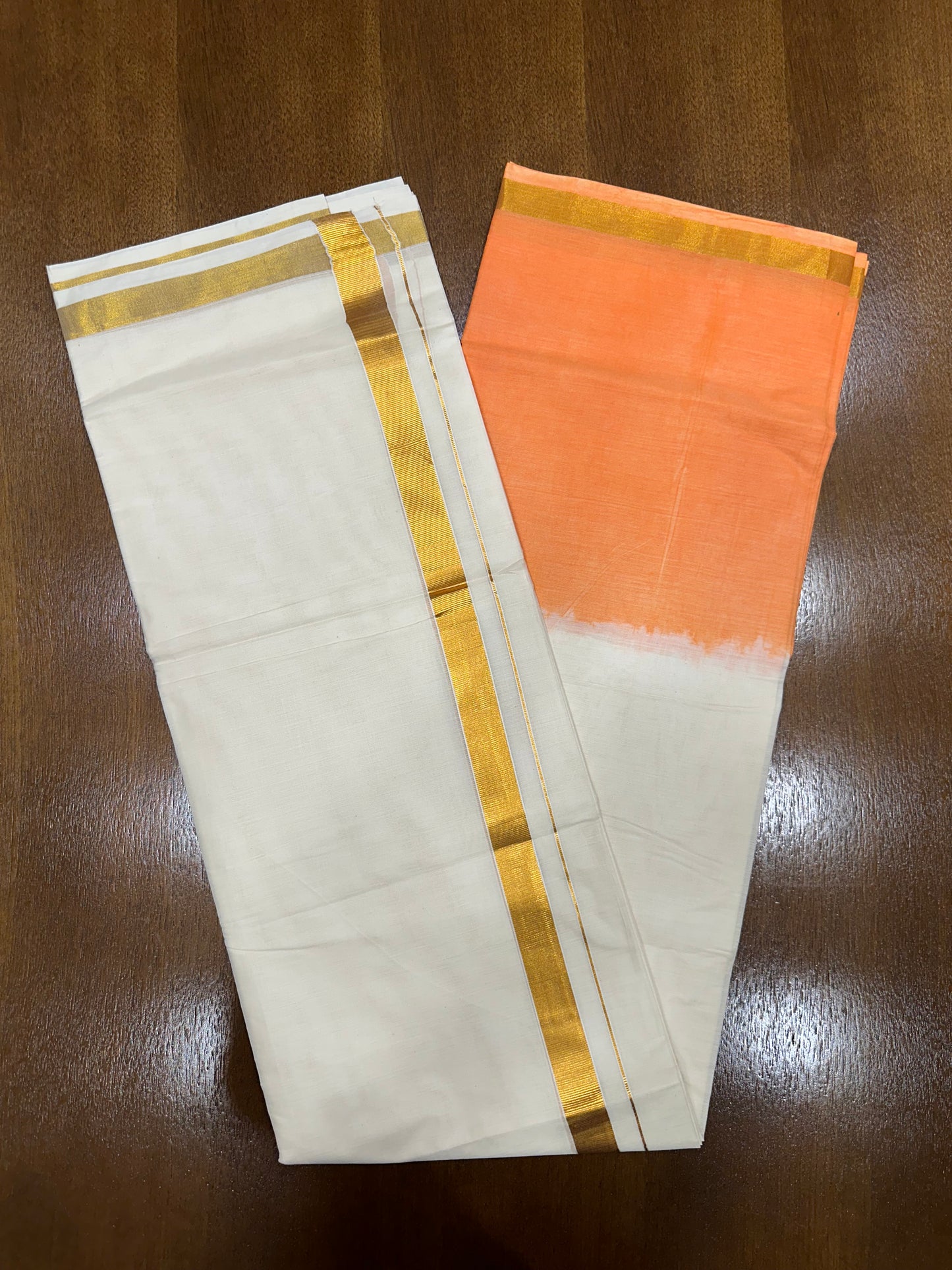 Southloom Tie & Dye - Half & Half Multi Colour Orange Design Cotton Kerala Double Mundu with Kasavu Border (South Indian Kerala Dhoti)