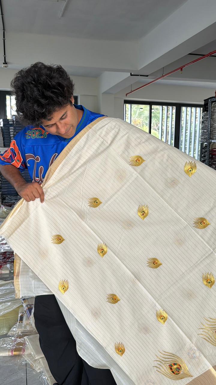 Kerala Cotton Lines Saree With Teal Blue Peacock Design SL161