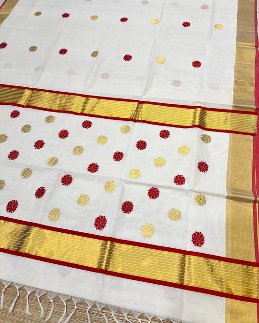 Southloom™ Premium Handloom Cotton Kerala Saree with Golden and Red Floral Polka Work on Body
