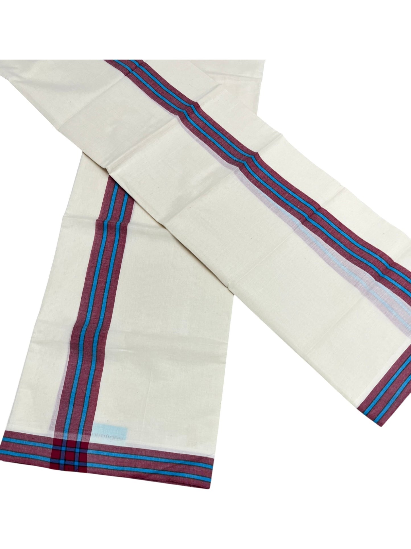 Southloom Pure Cotton Kerala Single Mulloth Set Mundu (Mundum Neriyathum) Maroon And Blue Border in 2.80 mtrs SL243