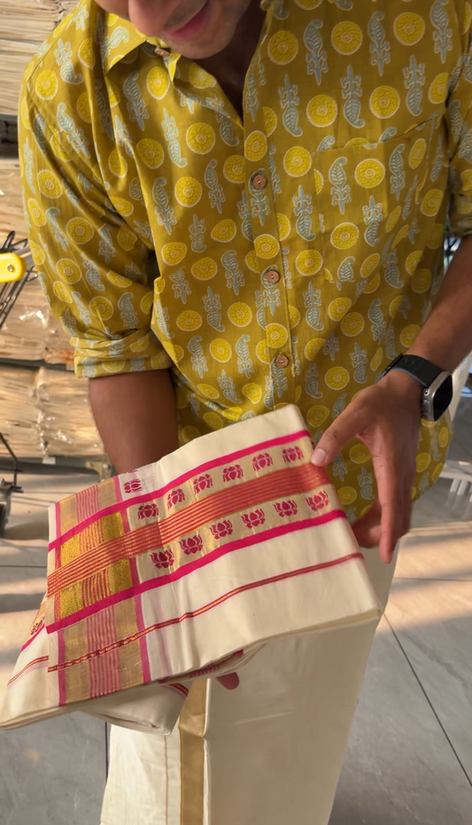 Kerala Cotton Pink Lotus Set Mundu SL210