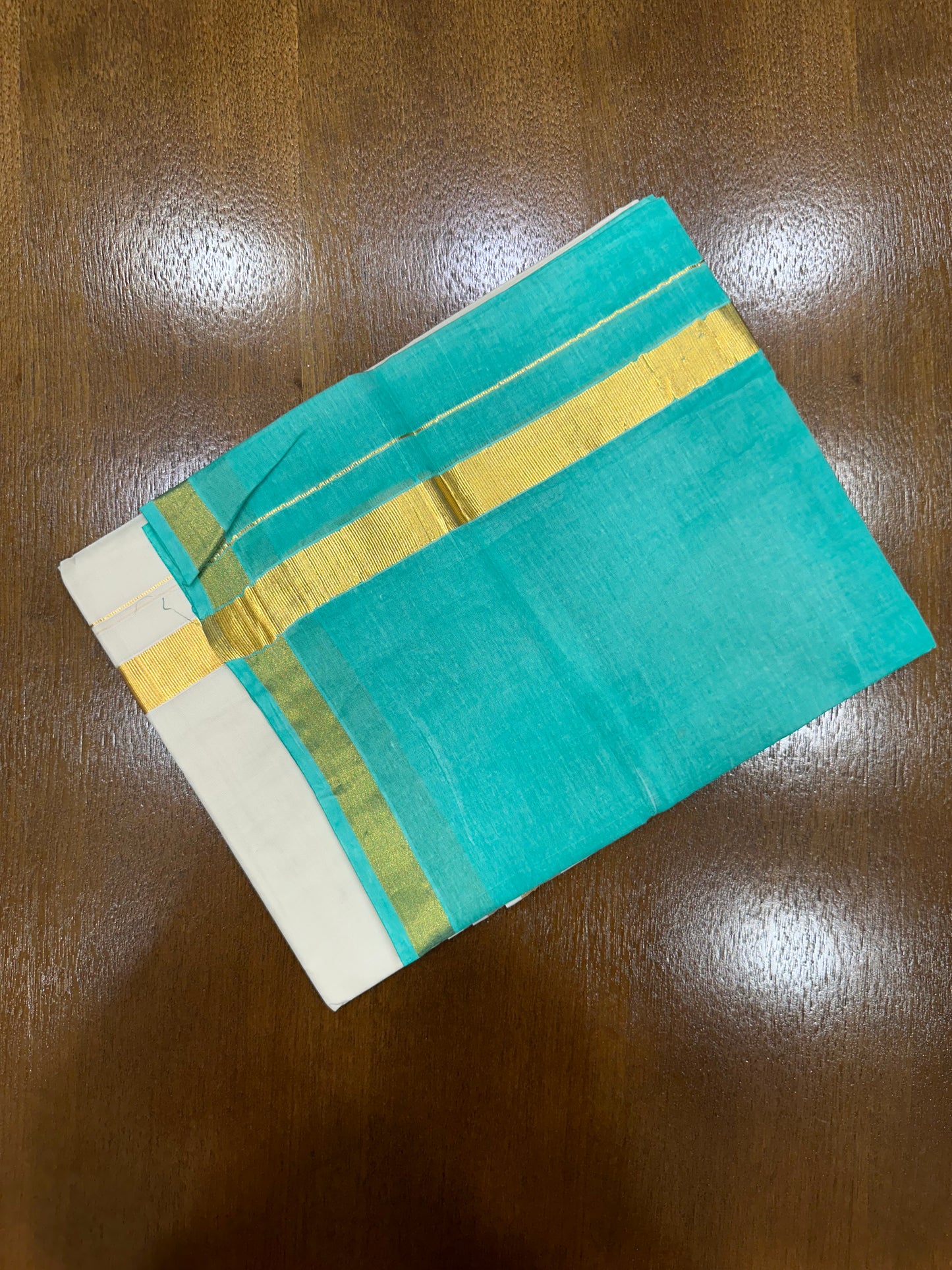 Southloom Tie & Dye - Half & Half Multi Colour Turquoise Design Cotton Kerala Double Mundu with Kasavu Border (South Indian Kerala Dhoti)