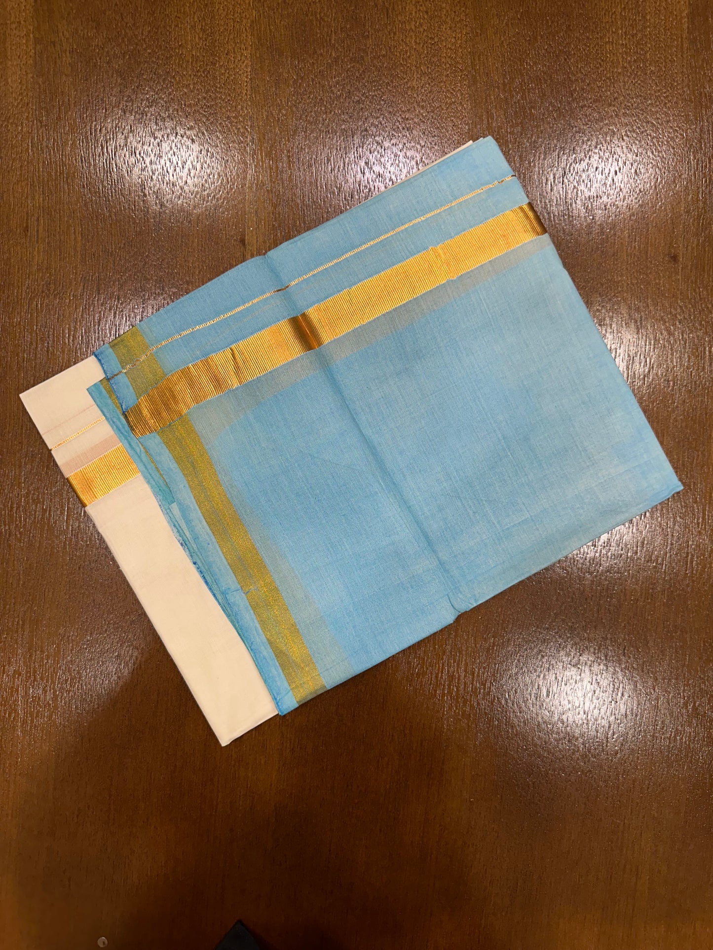Southloom Tie & Dye - Half & Half Multi Colour Light Blue Design Cotton Kerala Double Mundu with Kasavu Border (South Indian Kerala Dhoti)