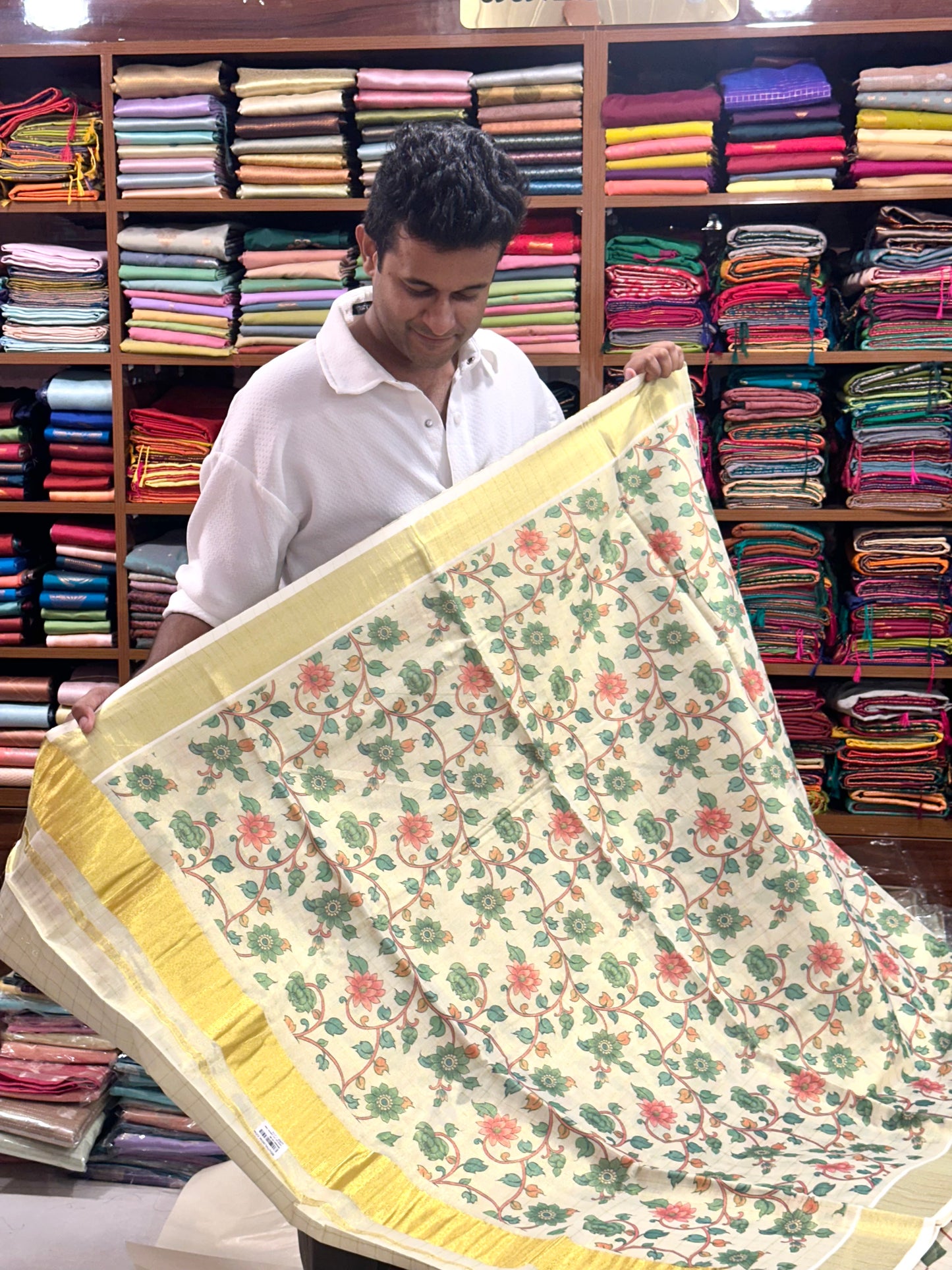 Southloom Tissue Check Kalamkari Print Kerala Onam Kasavu Saree