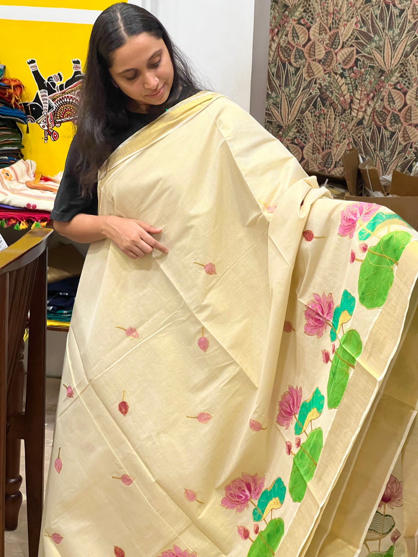 Southloom Tissue Kerala Kasavu Saree with Hand Painted Embroidery Lotus Design