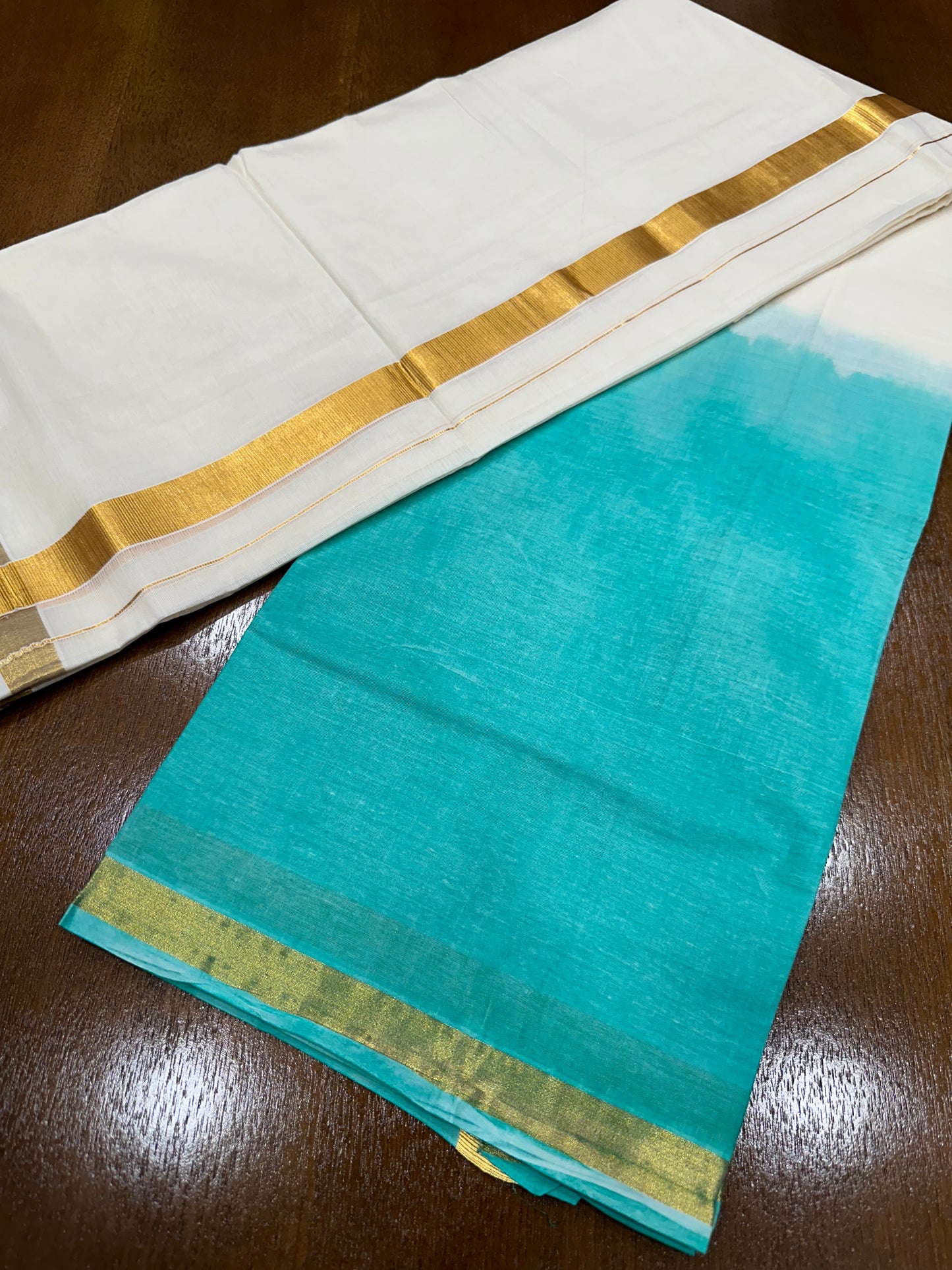 Southloom Tie & Dye - Half & Half Multi Colour Turquoise Design Cotton Kerala Double Mundu with Kasavu Border (South Indian Kerala Dhoti)