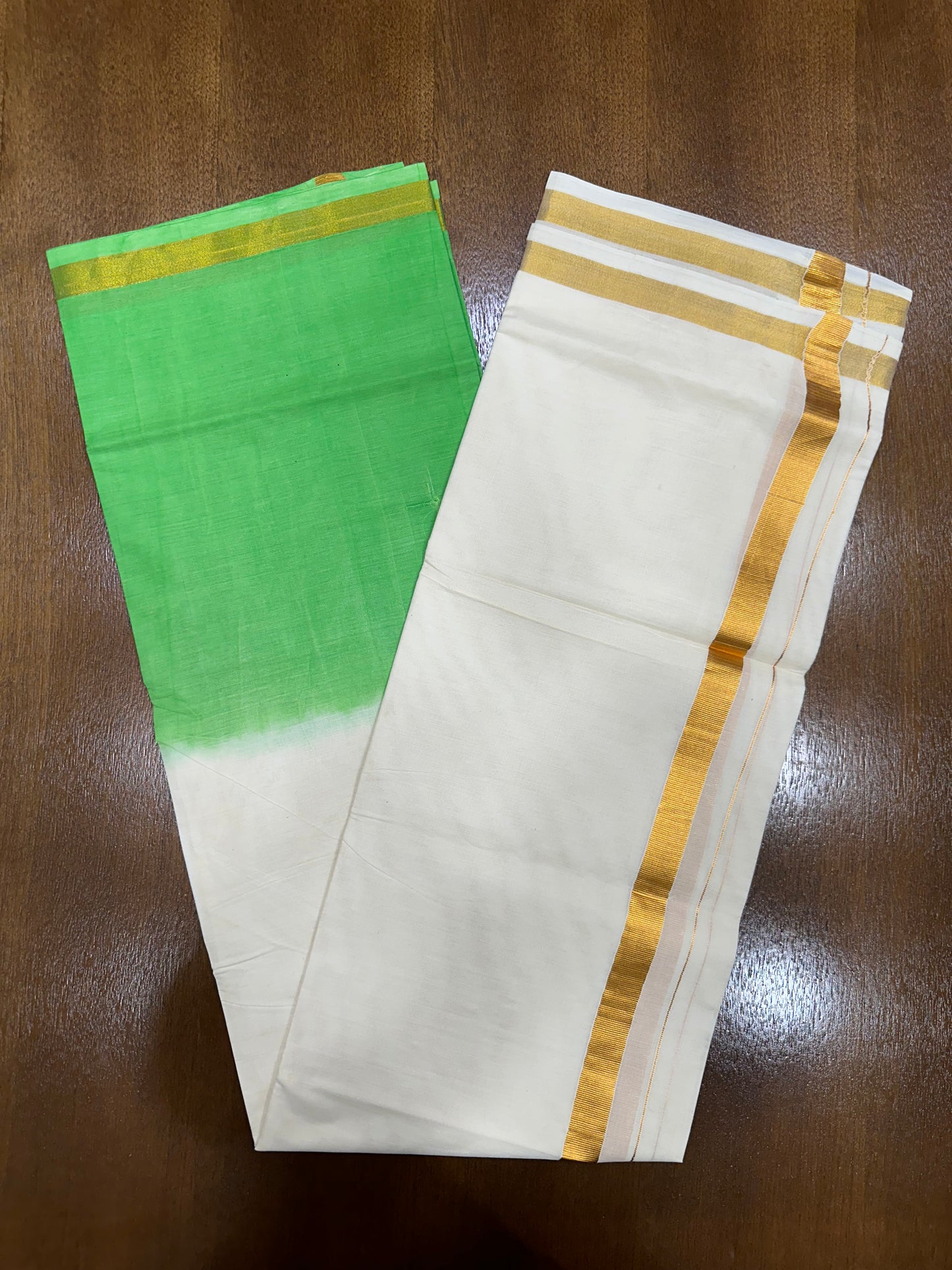 Southloom Tie & Dye - Half & Half Multi Colour Light Green Design Cotton Kerala Double Mundu with Kasavu Border (South Indian Kerala Dhoti)