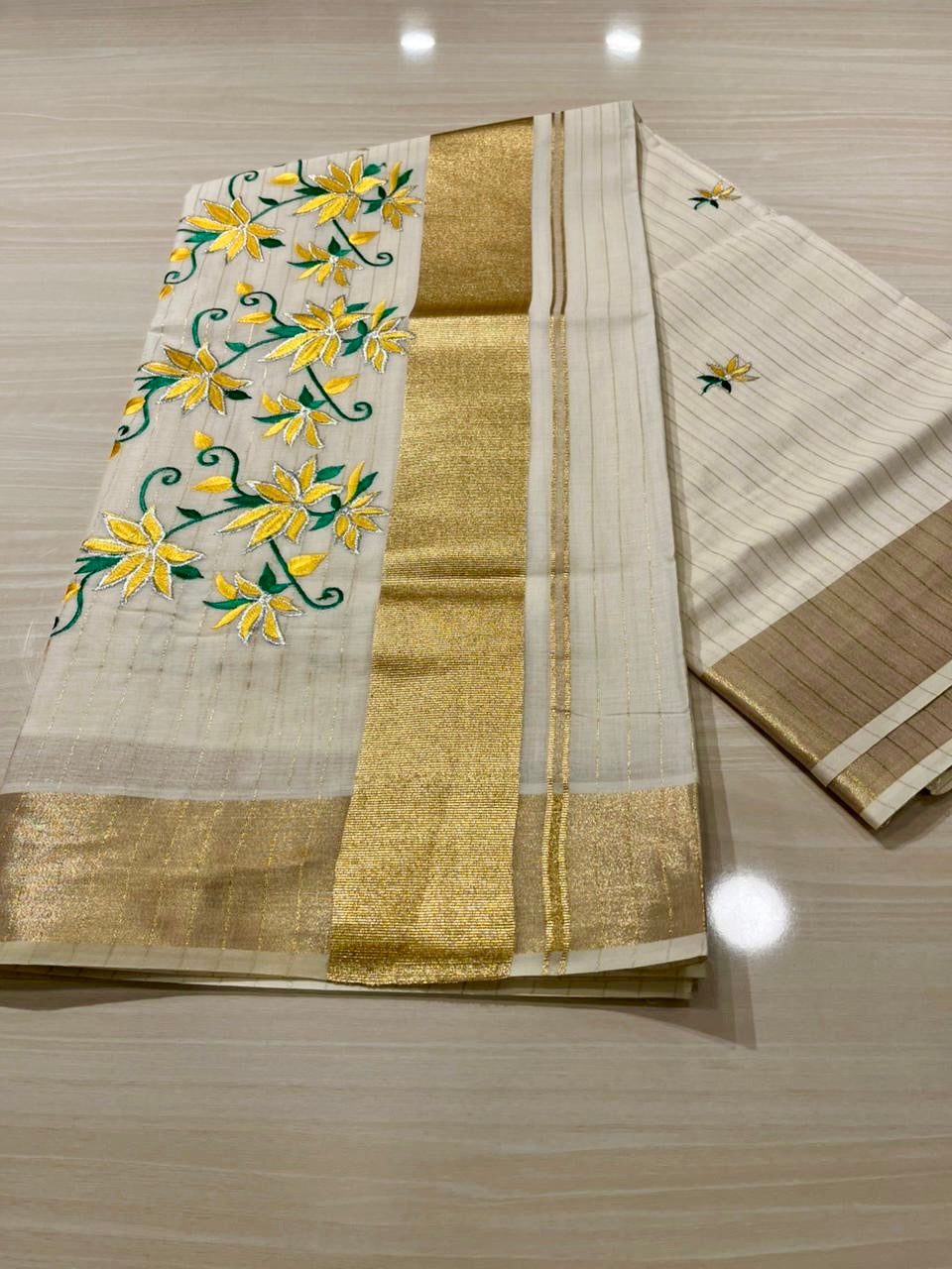 Kerala Southloom Cotton Lines Saree With Yellow Floral Embroidery Design & Kasavu Border SL127