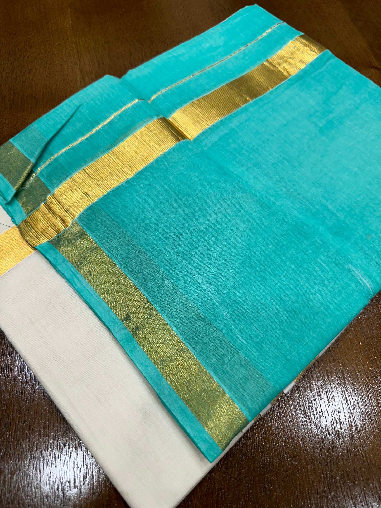 Southloom Tie & Dye - Half & Half Multi Colour Turquoise Design Cotton Kerala Double Mundu with Kasavu Border (South Indian Kerala Dhoti)