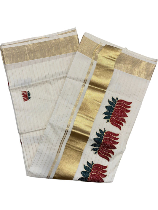 Southloom Kerala Cotton Kasavu Line Saree with Maroon Lotus Embroidery Works