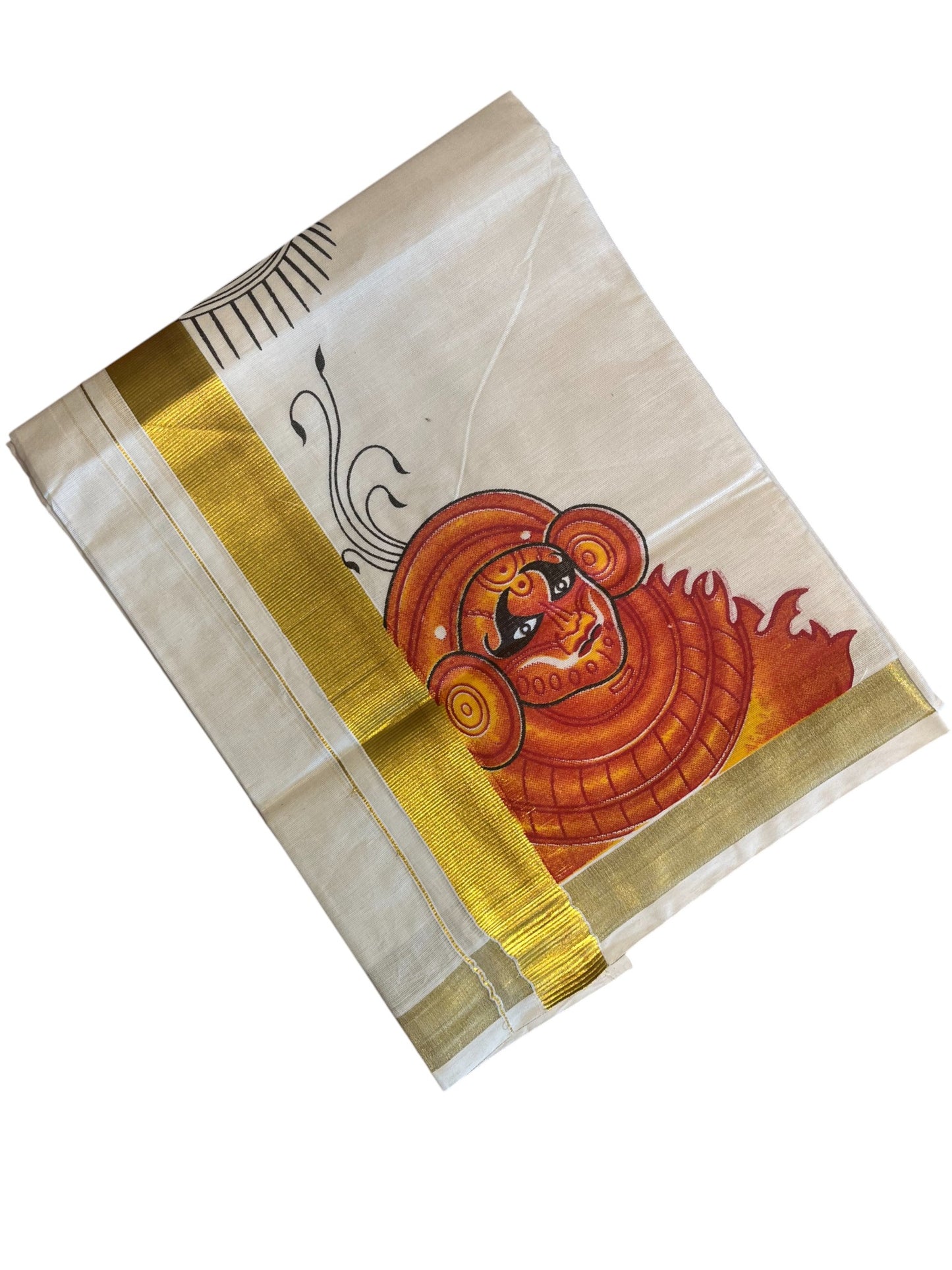 Southloom Pure Cotton Kasavu Double Mundu with Theyyam Print (South Indian Kerala Dhoti)