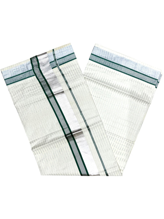Southloom Pure Cotton Kerala Silver Kasavu Lines Saree with Green and Silver Border