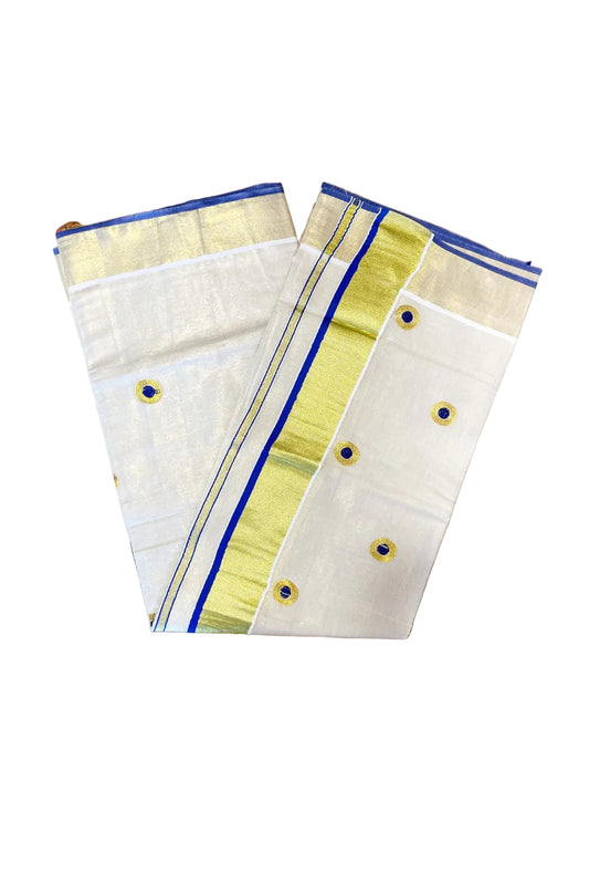 Kerala Tissue Kasavu Saree With Blue And Golden Polka Embroidery Works on Body
