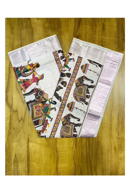 Kerala Rose Copper Tissue Kasavu Saree With Mural Festival Parasol and Elephant Design (include Printed Running Blouse)