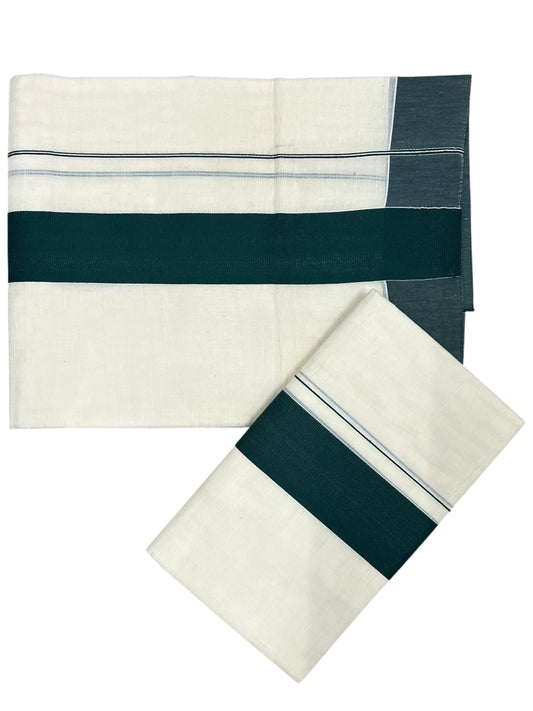Southloom Kerala Cotton Mundum Neriyathum Single (Set Mundu) with Plain 2 inch Green Katti Kara 2.80 Mtrs