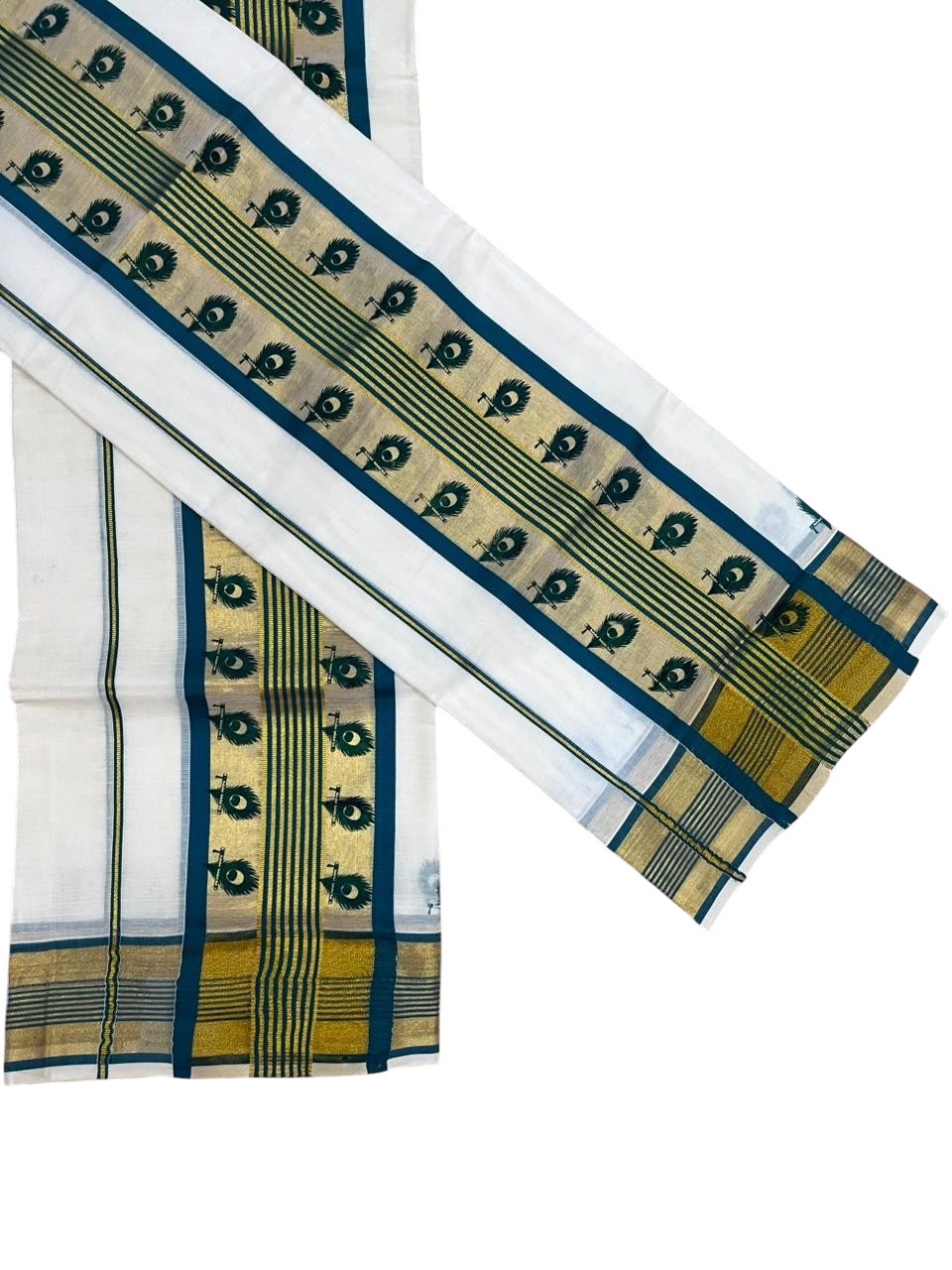 Southloom Cotton Single Set Mundu (Mundu Neriyathum) With Gold Kasvu And Peacock Design in Peacock Blue 2.80 Mtrs SL390