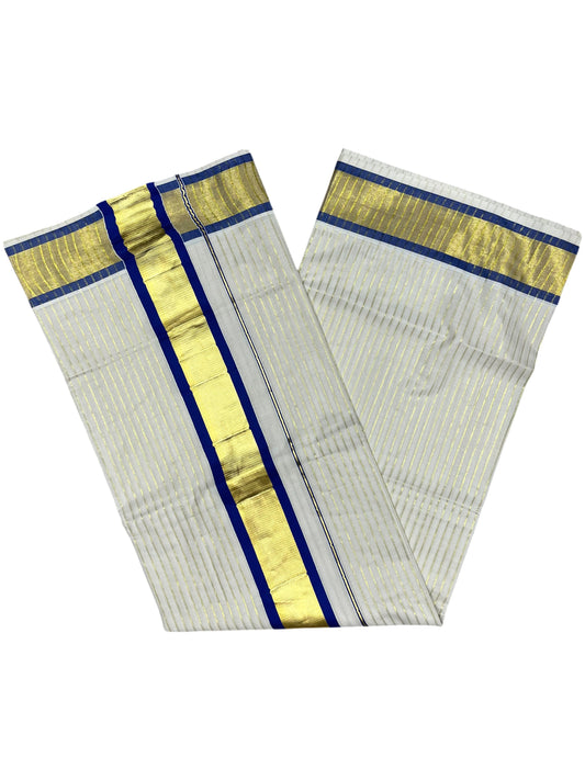 Southloom Pure Cotton Kerala Saree with Gold Kasavu Lines Across Body and Blue Border