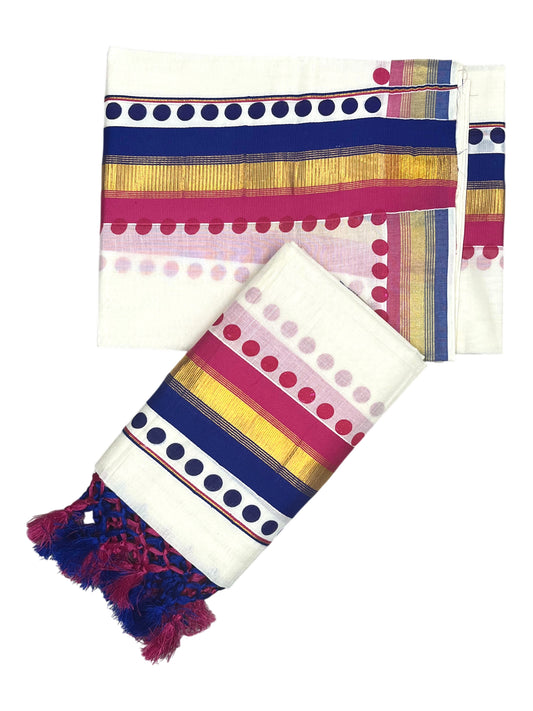 Southloom Kerala Cotton Kasavu Single Set Mundu (Mundum Neriyathum) with pink and Blue Border With Polka Dots SLKK