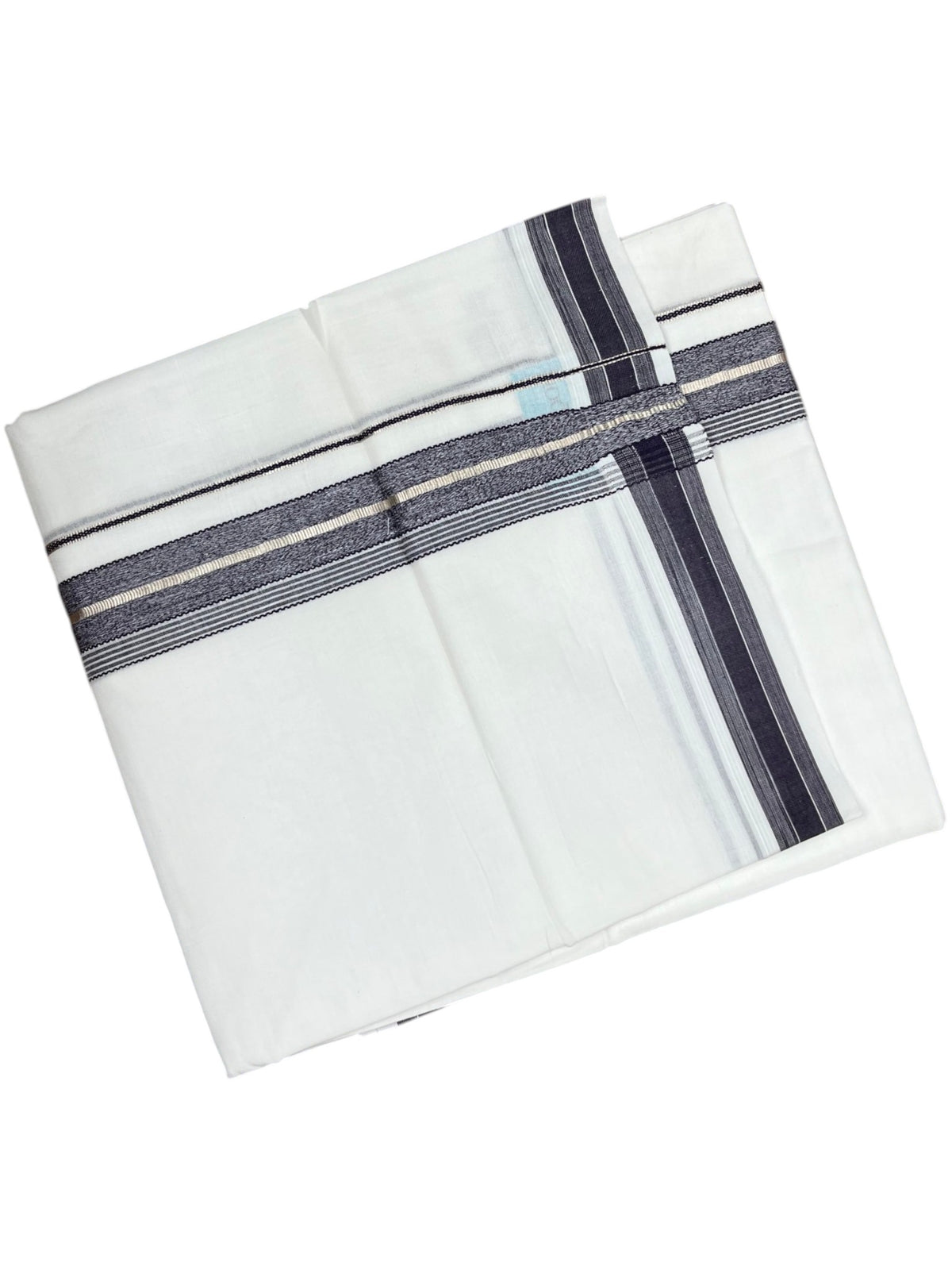 Southloom Kerala Pure White Cotton Double Mundu with Silver Line & Dark Purple Border (South Indian Dhoti)