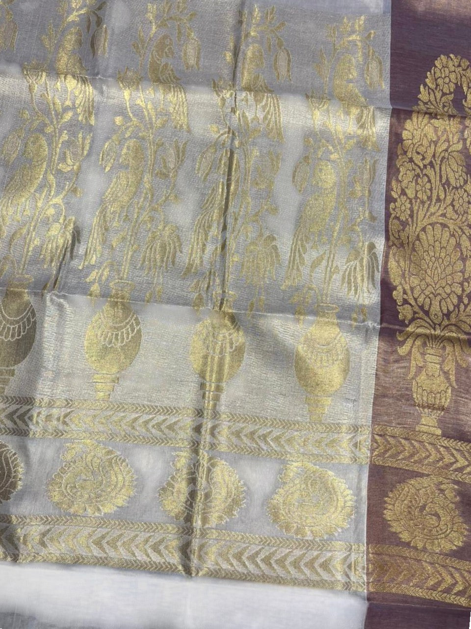 Southloom Kerala Tissue Kasavu Heavy Work Saree with Peacock Design And Maroon Border SL483