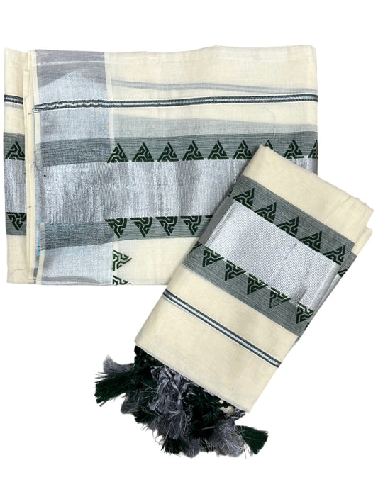 Cotton Single Set Mundu (Mundu Neriyathum) Silver Temple Design Works And Green Border Kasavu in 2.80 Mtrs With Tussles