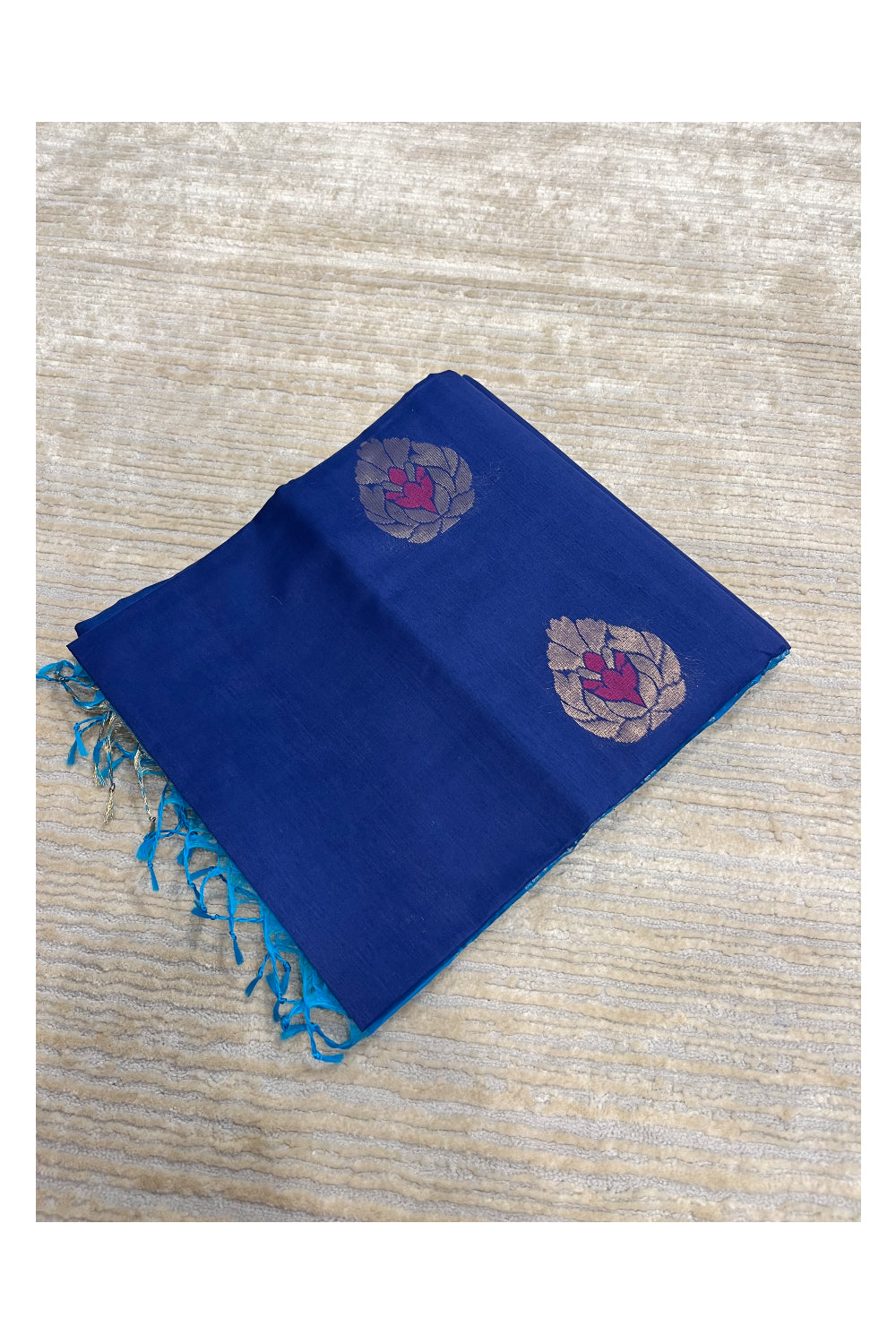 Southloom Pure Handloom Cotton Silk Saree With Handwoven Work Across Body and Blouse in Blue And Blue