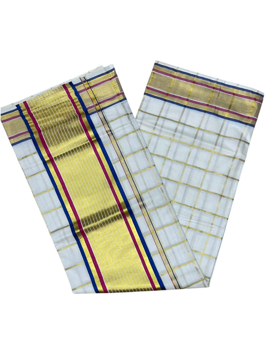 Southloom Kerala Cotton Kasavu Saree with Check Design on Body in Blue $ Pink Border