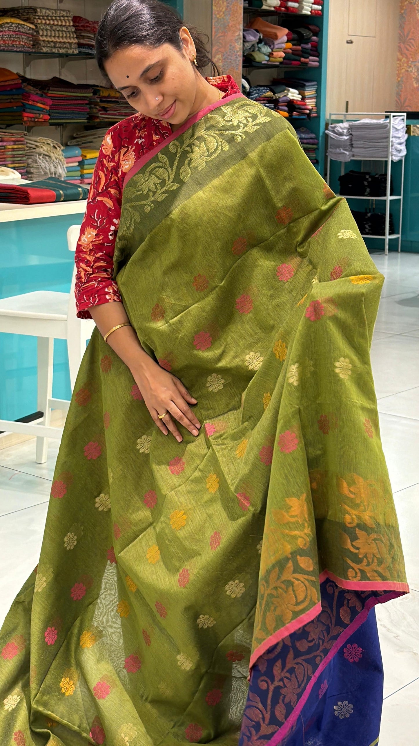Blue & Olive Green Jamdani Zari Work Saree SL157