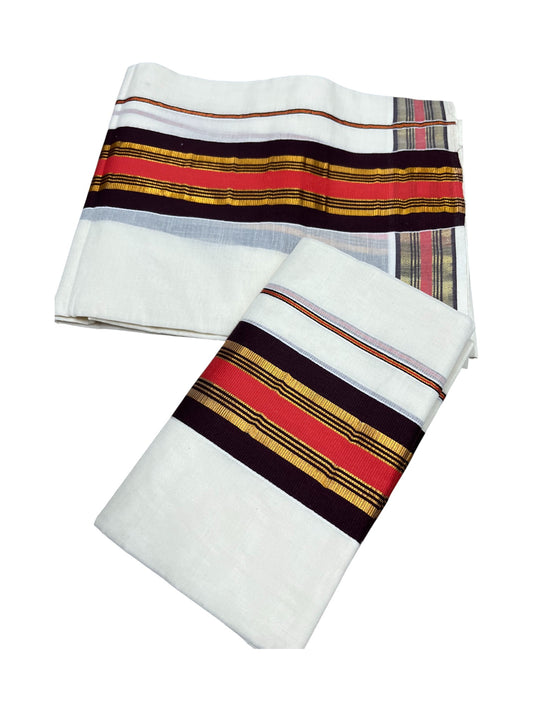 Southloom Kerala Cotton Kasavu Set Mundu (Mundum Neriyathum) with Brown and Orange Border