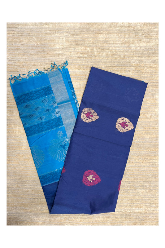 Southloom Pure Handloom Cotton Silk Saree With Handwoven Work Across Body and Blouse in Blue And Blue