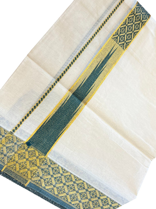 Southloom Kerala Pure Cotton Double Mundu with Kasavu Kara and Green Border (South Indian Dhoti)