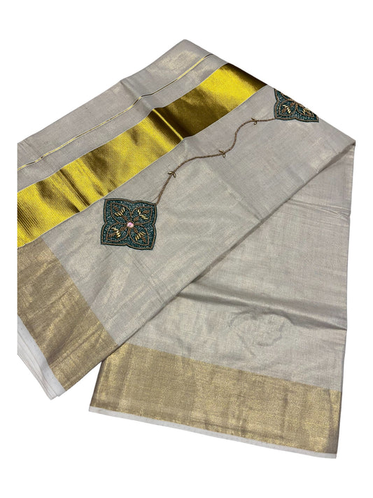 Kerala Tissue Kasavu Saree with Floral Embroidery and Sequins Work on Body