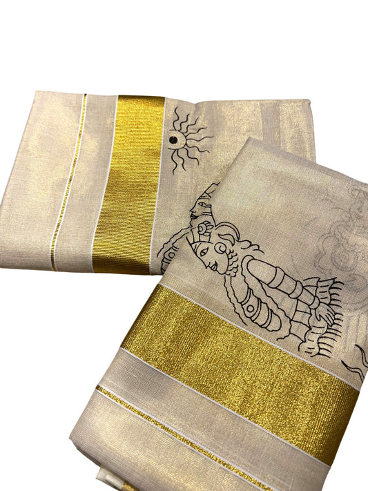 Southloom Kerala Tissue Set Mundu (Mundum Neriyathum) with Kadhakali Printed Design
