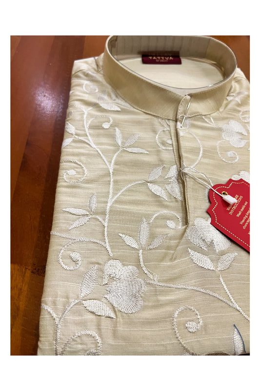 Southloom Off White Floral Woven Semi Silk Short Kurta for Men
