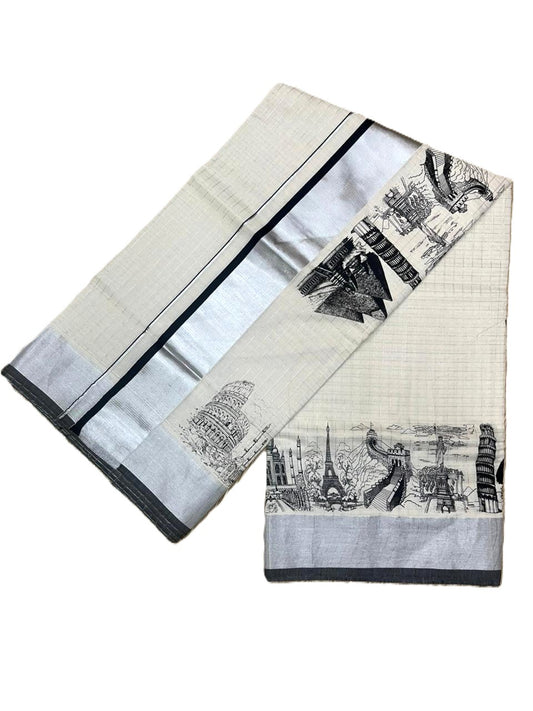 Southloom Silver Check Saree with Black Border and Digital Prints SL461