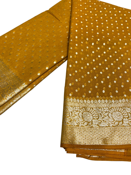 Southloom Cotton Banarasi Silk Saree with Woven Work on Body and Borders (Yellow)
