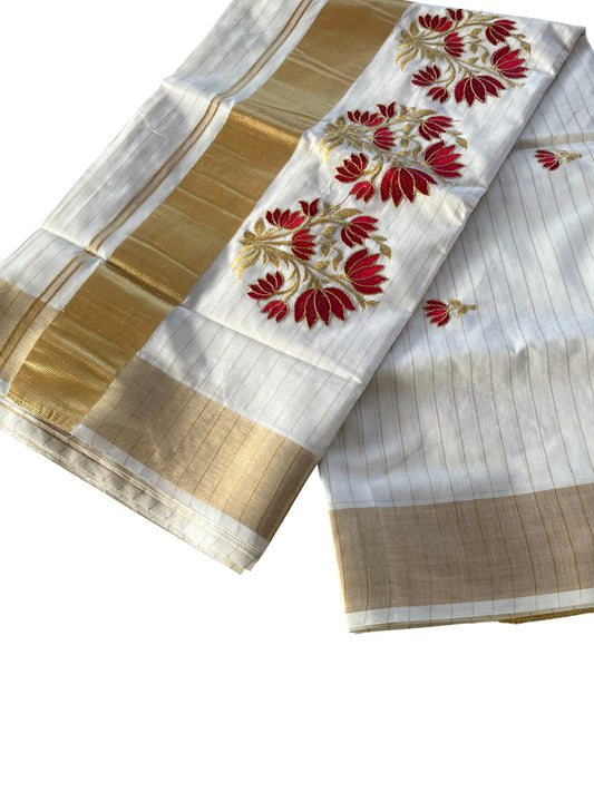 Southloom Kerala Cotton Stripes Kasavu Saree With Gold & Red Embroidery Work On Body