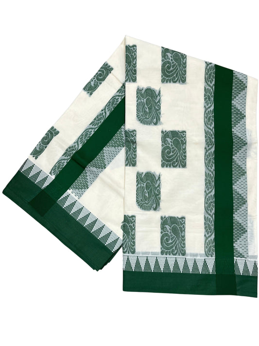 Southloom Pure Cotton Kerala Saree with Green Heavy Woven Designs and Temple Border
