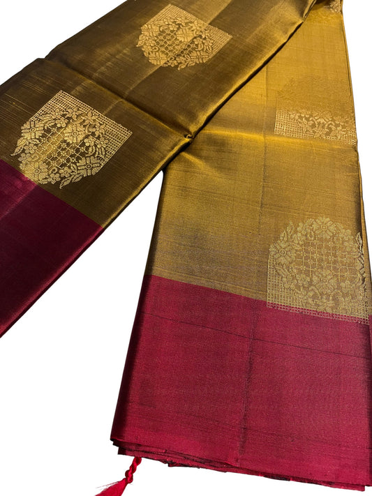 Southloom Pure Handloom Kanchipuram Silk Saree with Butta Work (Golden & Maroon)