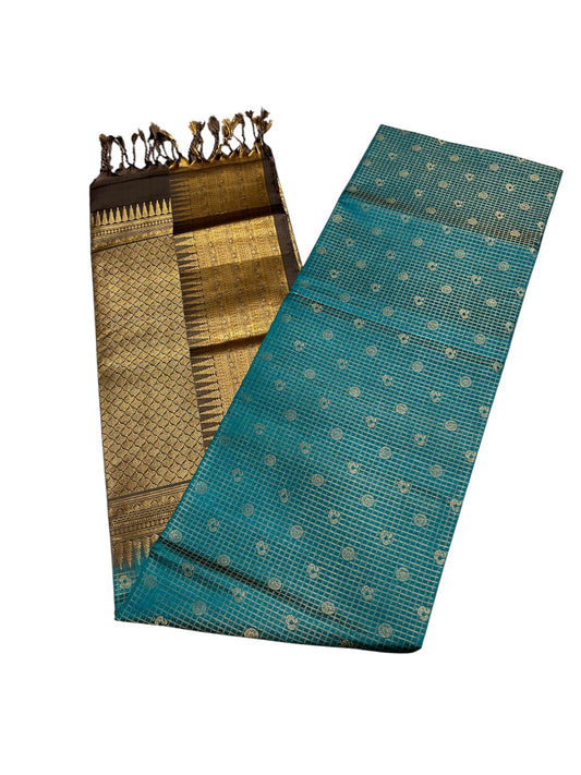 Southloom Pure Handloom Kanchipuram Silk Saree with Korvai Work (Golden & Blue)