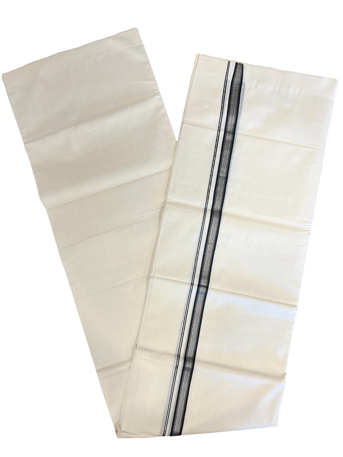 Southloom Premium Handloom Cotton Double Mundu with Black And Silver Line Border