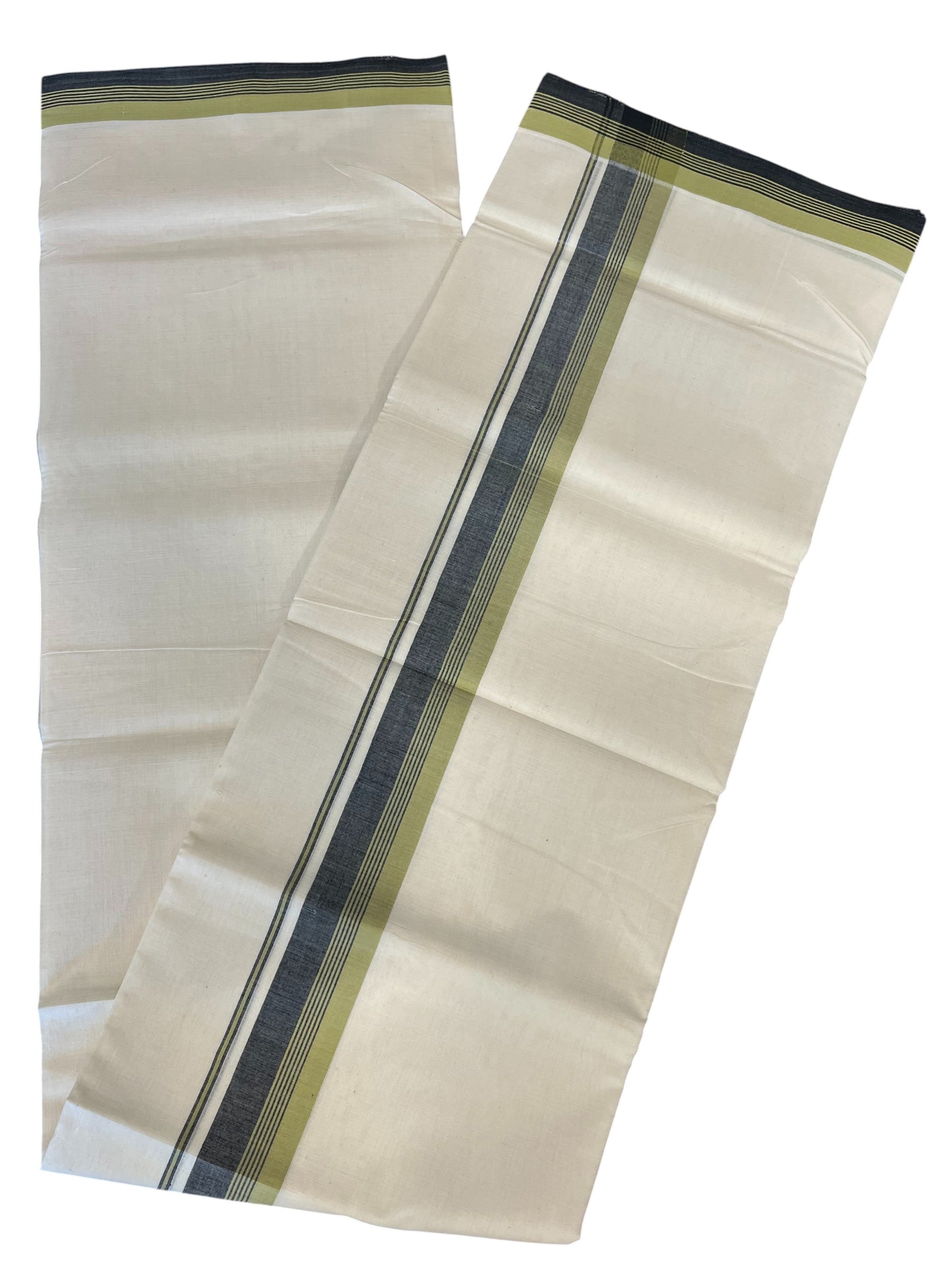 Southloom Premium Handloom Cotton Double Mundu with Green And Gray Border