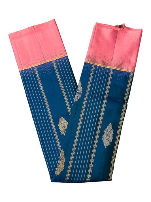 Southloom Pure Handloom Bridal Kanchipuram Silk Saree with Korvai Work (Pink & Blue)