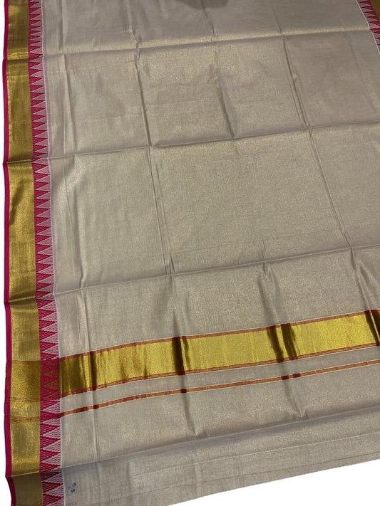 Southloom Kerala Tissue Kasavu Saree With Tample Design Pink Broder