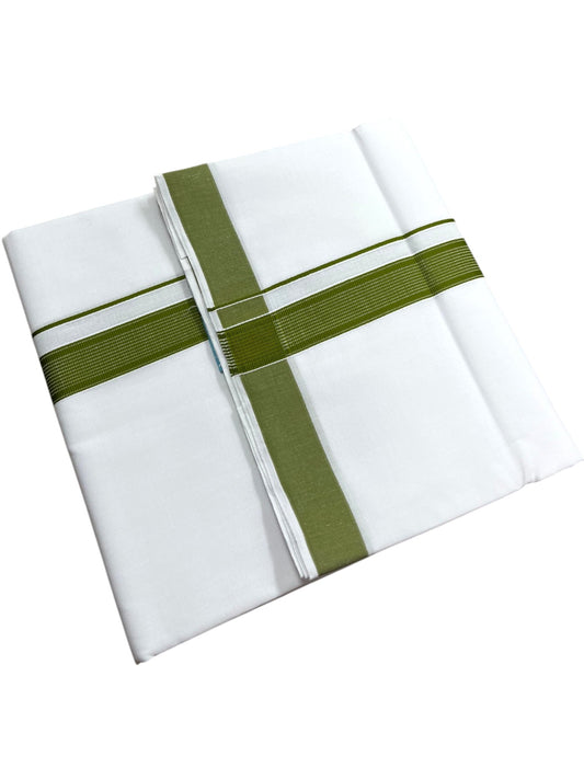Southloom Pure White Cotton Mundu with Olive Green Lines Border (South Indian Kerala Dhoti)
