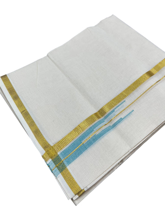 Southloom Kerala Pure Cotton Double Mundu with Gold Kasavu and Blue Chuttikara Border with (South Indian Dhoti)