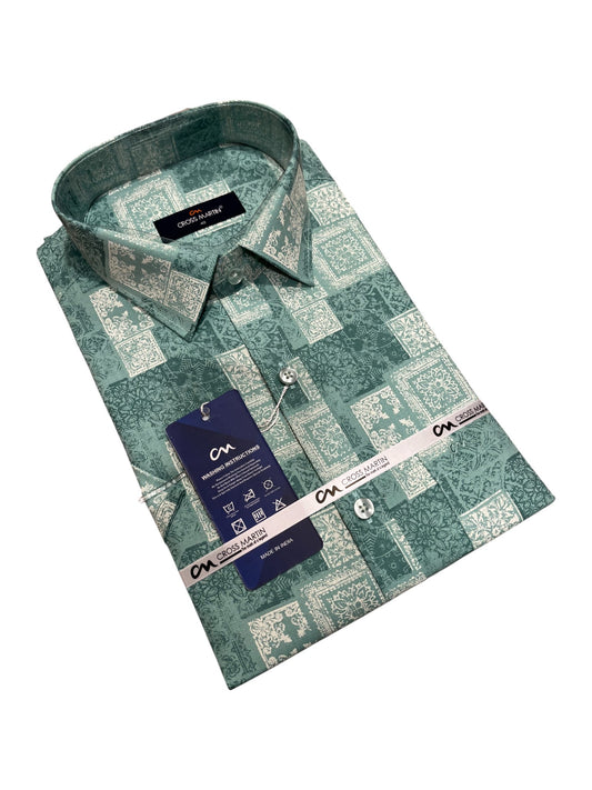 Southloom Pure Cotton Green Printed Shirt (40 HS)
